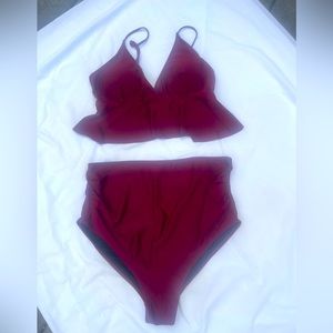 Burgundy, maternity 2 piece swimsuit.